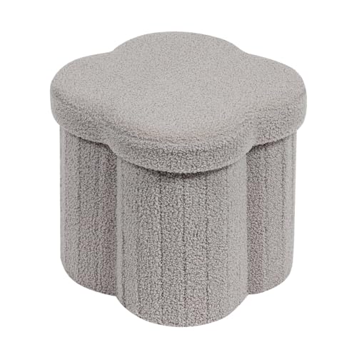 PINPLUS Floral Storage Ottoman Cube Boucle Footrest with Lid, Multi-Functional Cube Seat for Living Room, Dorm & Bedroom – Grey 12.6"x12.6"x12.6"