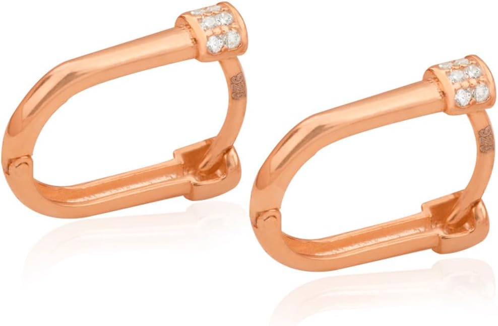 925 Sterling Silver Diamond Pave U Shaped Hoop Earrings - Gift for Her - 14K Gold Plated Diamond Pave Huggie Hoop Earrings (14K Rose Gold)