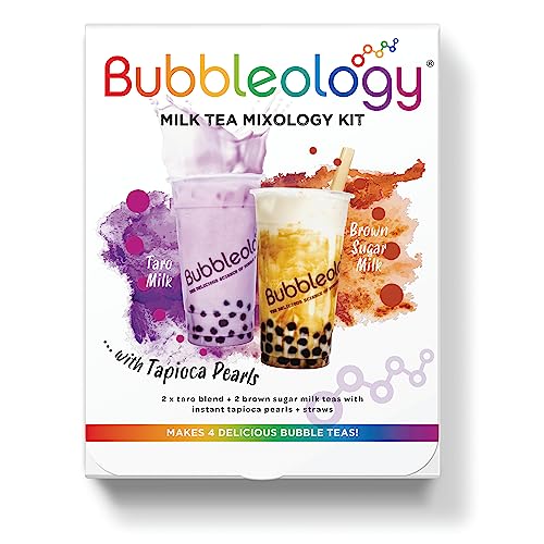 Bubbleology Milk Tea Mixology Kit with Tapioca Pearls (Pack of 1) Makes 4 Delicious Bubble Teas | 2 Brown Sugar Milk & 2 Taro Milk with Instant Tapioca Pearls