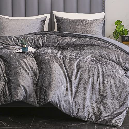 Yozen Gray Queen Korean Velvet Comforter Set (90X90 Inch), 3 Pieces Solid Luxury Textured Soft Comforter With 2 Pillowcases, Lightweight Microfiber Down Alternative Bedding Set For All Season #TOP1