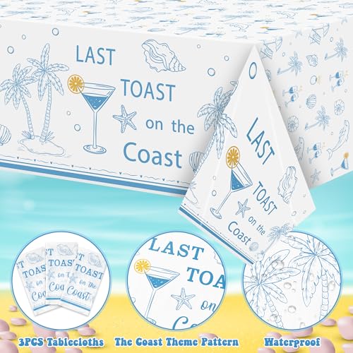 Image of K1tpde 3PCS Last Toast On The Coast Bachelorette Party Tablecloth for Adult, Coastal Themed Blue Wine Cup Shell Starfish Plastic Tablecloth, Disposable Tablecover for Bridal Shower Summer Party Decor