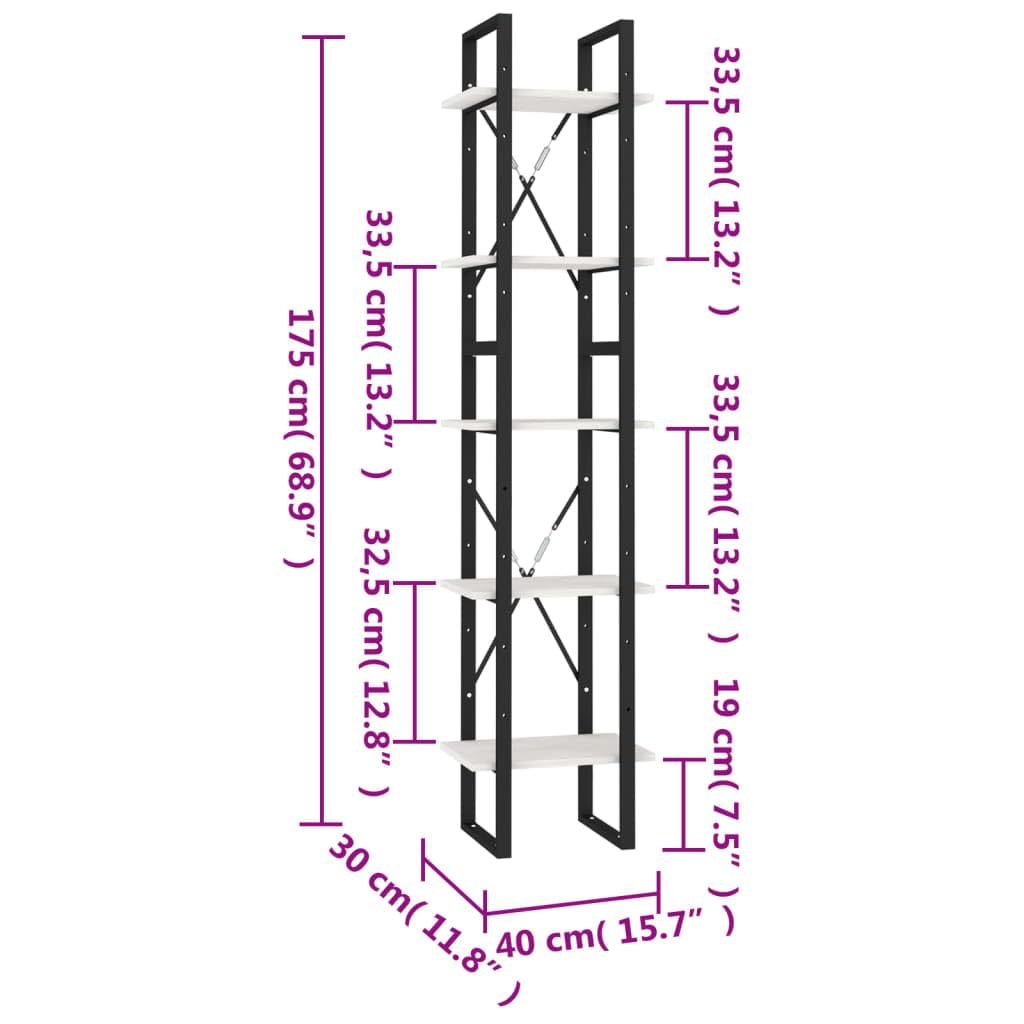 Estantería de 5 compartimentos, madera maciza de pino con marco de metal, 40 x 30 x 175 cm, estantería de pie alta y baja para salón, moderna estantería industrial con mucho espacio de
