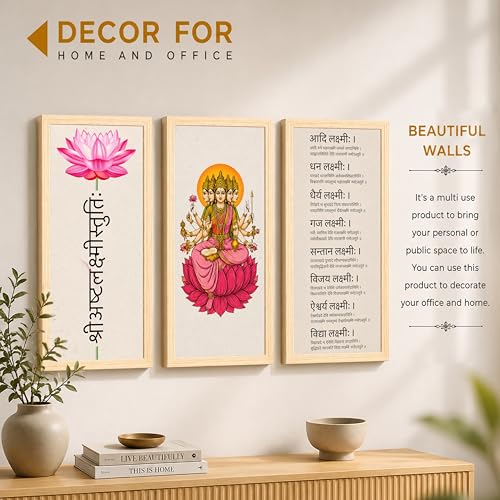 Image of Ashta Lakshmi Framed Wall Art Painting for Living Room, Set of 3 Hindu Goddess Lakshmi Mantra Poster, Eight Forms of Wealth Painting, Indian Religious for Living Room & Home Decor (Size 24x48)