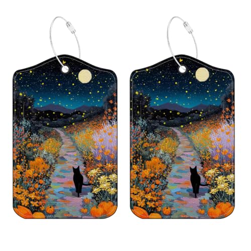 Image of Halloween Black Cat Luggage Tags 2 Pack, PU Leather Privacy