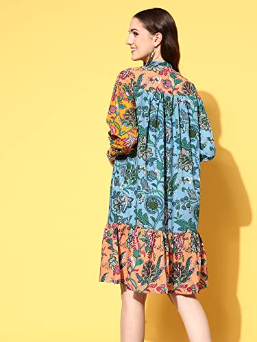 Image of Indo Era Women's Cotton Floral Printed Midi A-Line Ethnic Dress