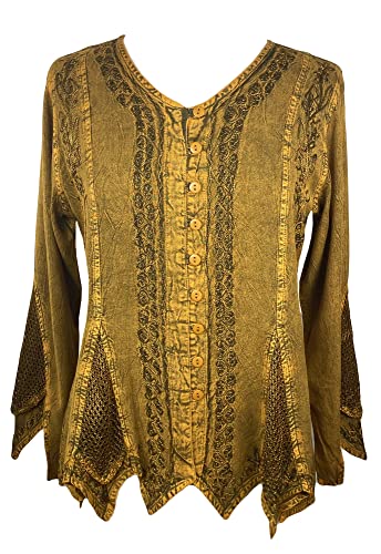 Agan Traders 2025 Spring Medieval Vintage Inspired Dress Tops - Asymmetrical Netted Hemline Button-Down Embroidered Blouse