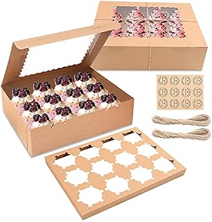 MAMUNU 10PCS 12 Cavity Cupcake Boxes with Window and Inserts, Kraft Bakery Cookie Boxes Cupcake Containers with Stickers and Twine String, 32.5 x 24.8 x 9cm