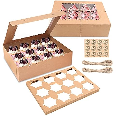 MAMUNU 10PCS 12 Cavity Cupcake Boxes with Window and Inserts, Kraft Bakery Cookie Boxes Cupcake Containers with Stickers and Twine String, 32.5 x 24.8 x 9cm Cover