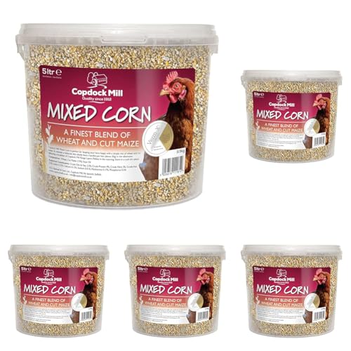Copdock Mill Mixed Corn Chicken Feed with Verm-X 5L Tub - Poultry & Ducks Food with Wheat & Maize - Verm-X Herbal Wormer (Pack of 5)