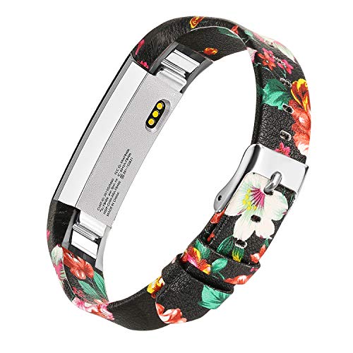 bayite Leather Bands Compatible with Fitbit Alta and Alta HR, Black/Red Floral 5.5
