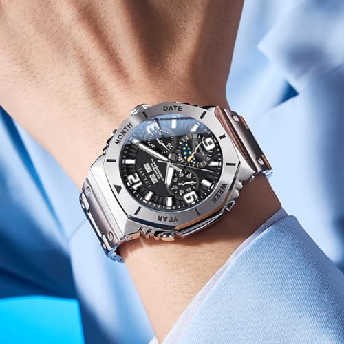 Image of OLEVS Mens Original Skeleton Luxury Business Analog Quartz Wrist Watches | Big Face Chronograph watch for men,stylish dress Gift,Stainless Steel ,Waterproof Luminous,Easy to Read