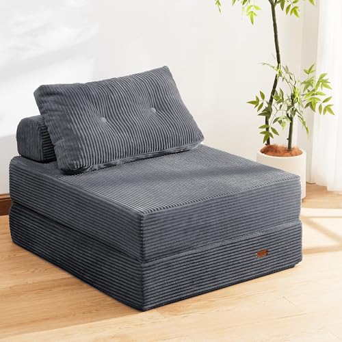 PIASHJOY Folding Chair Bed, Convertible Sofa Bed with Pillows,Fold Out Chair Bed with High-Density Foam,Chair Bed Sleeper for Adults Perfect for Living Room 、Hotel 、Apartment ， Single, Dark Gray