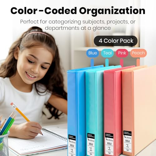 Yoobi 1 Inch Binder Set, 3 Ring Binders with Plastic Cover, 2 Pocket Sleeves and D Rings, Organizer for up to 220 Sheets of Loose Paper, 4 Pack Cute Binders, Multicolor, Office or School Supplies