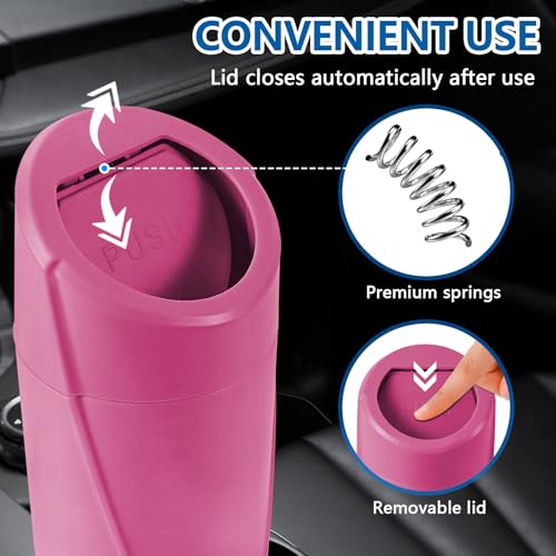Image of Hovom Mini Car Trash Can with Lid, Portable Garbage Can for Car, Leakproof Cup Holder Automotive Garbage Bin with 2 Rolls of Trash Bags, Small Trash Storage Can for Car Home Office(Rose Red)