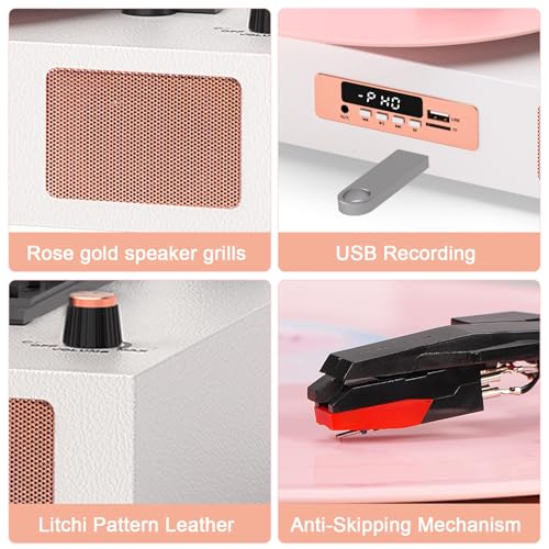 Image of Vinyl Record Player Bluetooth Streaming, 3-Speed Belt-Drive Turntable with Dust Cover, Built-in Speakers, Plug & Play for Beginners, USB Recording, AUX Input, RCA Output