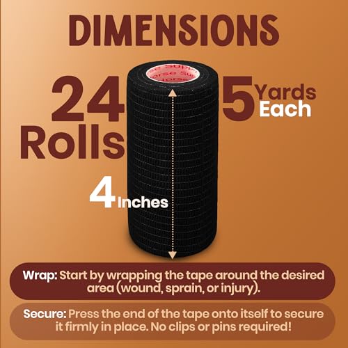Image of Prairie Horse Supply 24 Rolls Black Self Adhesive Bandage Wrap 4 Inch Elastic Cohesive Vet Tape for First Aid, Medical, Sport & Animals Wound