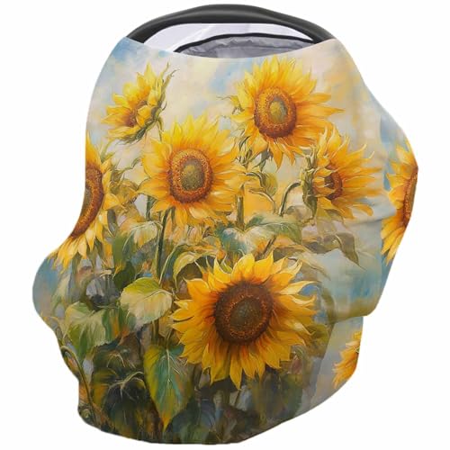 Nursing Cover for Breastfeeding Scarf, Farmhouse Watercolor Painting Sunflowers Sky Baby Car Covers Super Soft Multi Use for Canopy Shopping Cart Cover Blanket Stroller Cover