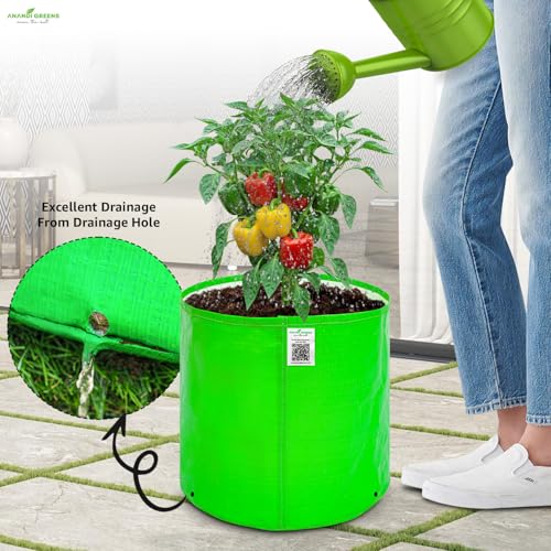 Image of Anandi Green's Premium HDPE Uv Protected 260 GSM Round Shaped Green Colour Plants Grow Bags Suitable for Terrace and Vegetable Gardening Size 12x12 Inch Pack of 10