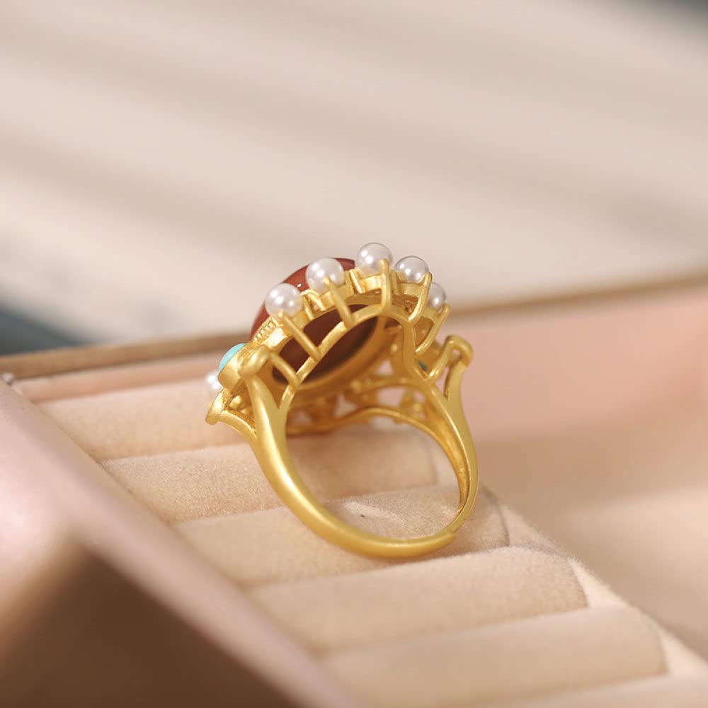 Anello In Argento 925 Da Donna,Anello Regolabile Per Donna Southern Onyx Ovale In Argento Sterling 925 Perle Intarsiate Retrò Placcato Oro Anelli Nocche In Pietra Naturale Matrimonio Gioielli Per L
