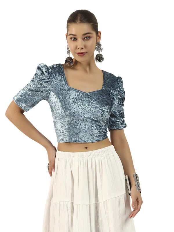 vaararo Readymade Blouse for Women | Crushed Velvet Puff-Sleeves Choli with Sweetheart Neckline & Ruched Shoulders-picture-29