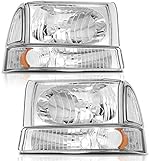 CTCAUTO Headlight Assembly For Ford Super Duty For F-250/For F-350/For F-450/For F-550 1999-2004,For Ford For Excursion 2000-2004 Replacement Headlamp Chrome Housing Amber Reflector Clear Lens