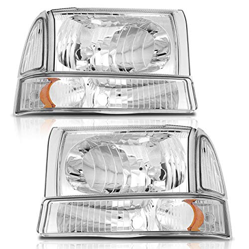 CTCAUTO Headlight Assembly For Ford Super Duty For F-250/For F-350/For F-450/For F-550 1999-2004,For Ford For Excursion 2000-2004 Replacement Headlamp Chrome Housing Amber Reflector Clear Lens