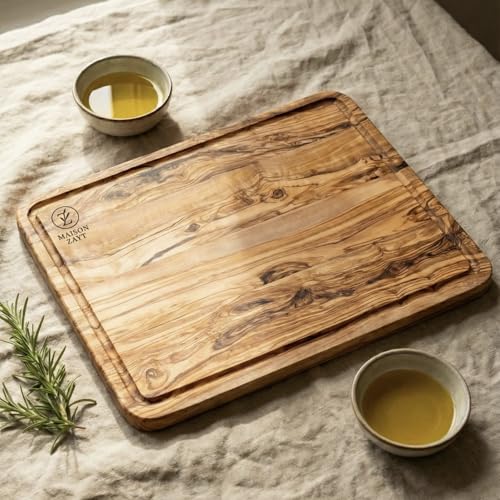 Maison Zayt - Grande Planche à Découper Bois d'Olivier Massif 40x30cm - Rectangulaire avec Rainure à Jus - Planche de Service Artisanale & Solide - Idée...