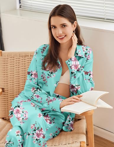 Ekouaer Womens Satin Silky Pajama Set 2 Piece Print PJs Soft Loungewear Button Down Sleepwear with Elastic Waist Long Pants