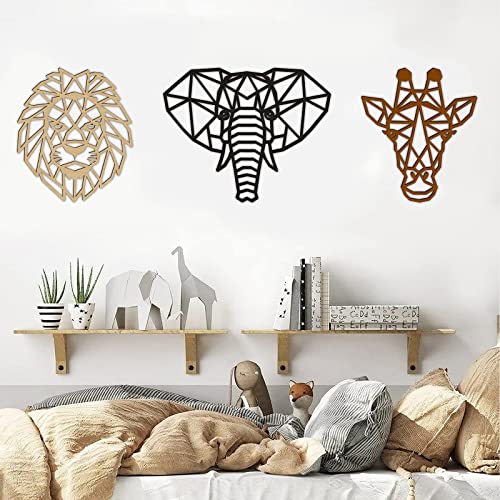 Image of Animal Wall Art for Modern Living Room 3 Pieces Safari Decor for Bedroom above Bed Jungle Theme Wood Heads of Lion, Elephant, Giraffe Art for Nursery Farmhouse Geometric Décor Wooden Large Colorful