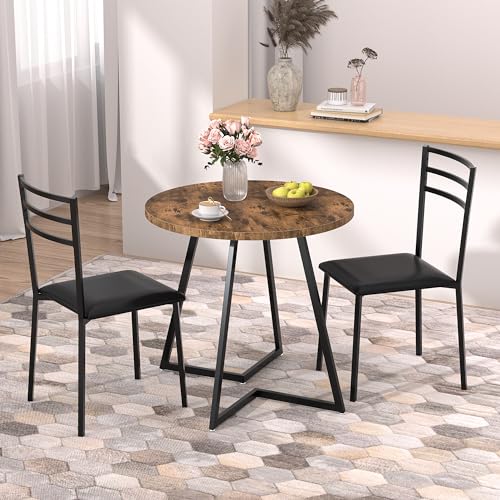Image of VECELO Round Kitchen Table with 2 Upholstered Chairs, 3-Piece Wood Dinette Sets with Steel Frame for Breakfast Nook, Dining Room, and Small Space, Antique Brown