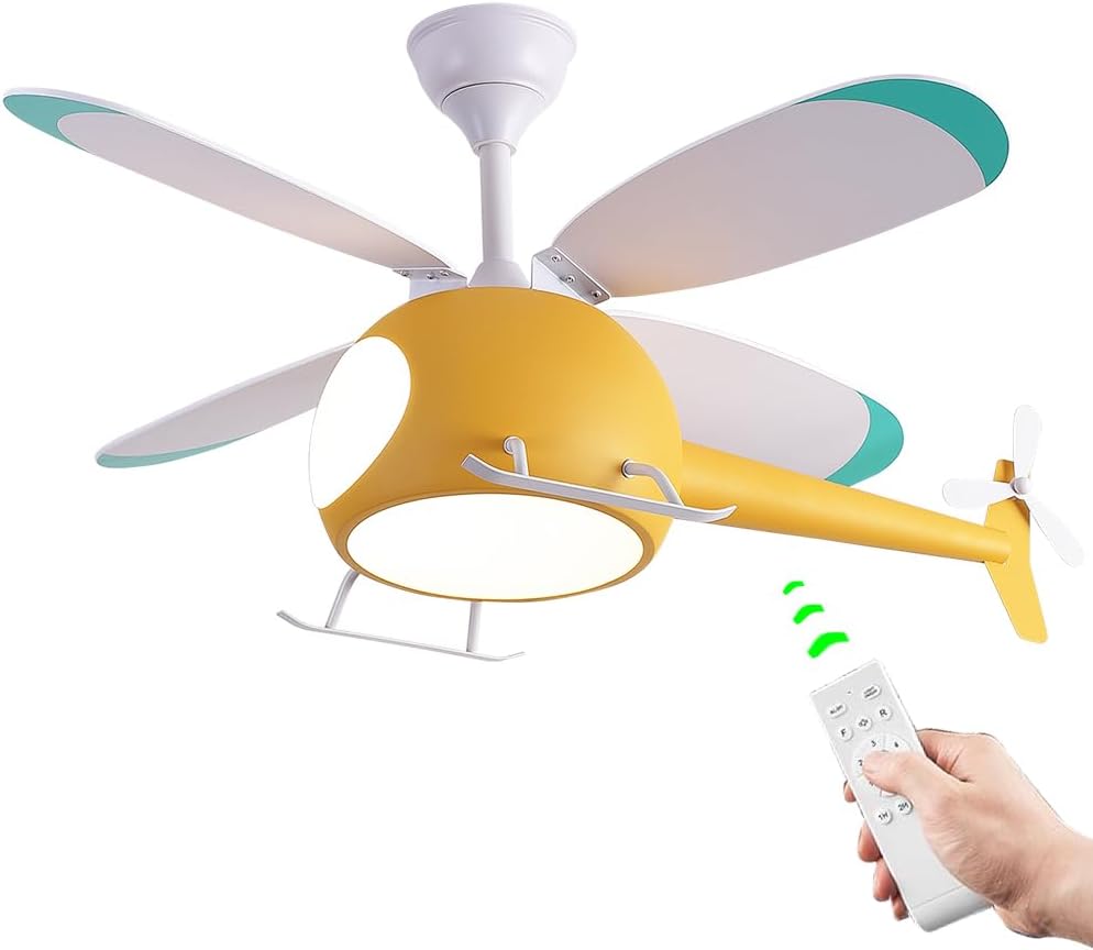Children's Bedroom Ceiling Fan with lights,Remote control speed,Dimmable Kids Room Cartoon Ceiling Fan Lamp,Helicopter Model Teddy Bear Model Options Yellow