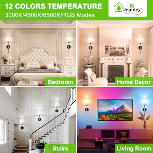 Image of Depuley Battery Operated Wall Sconce: Set of 2 19.99 inch Wireless Wall Lights with Remote for Bedroom - Rechargeable 15 Colors Black and Gold Wall Lamp for Living Room Hallway Decor