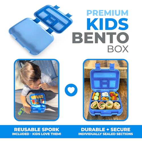 Image of kinsho Bento Lunch Box for Kids Toddlers Boys, 5 Portion Sections Secure Lid, Microwave Safe BPA Free Removable Tray, Pre-School Kid Daycare Lunches Snack Container Ages 3 to 5, Blue
