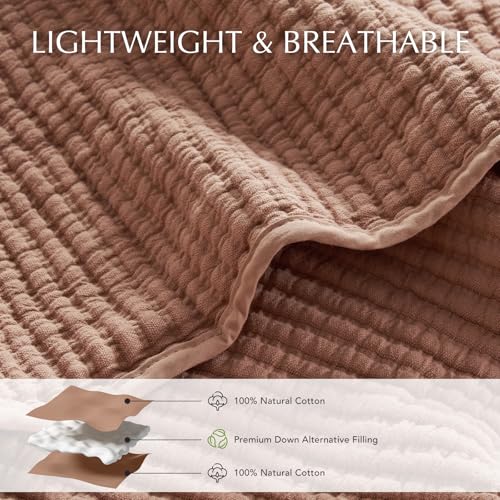 Image of EVERGRACEHOME Cotton Coverlet Set Full Queen Size 3 Pieces, Lightweight Soft Ribbed Matelasse Bedspread Quilt Set, Cozy Oversized Quilted Bedding Set with 2 Pillow Shams for All Seasons, Clay