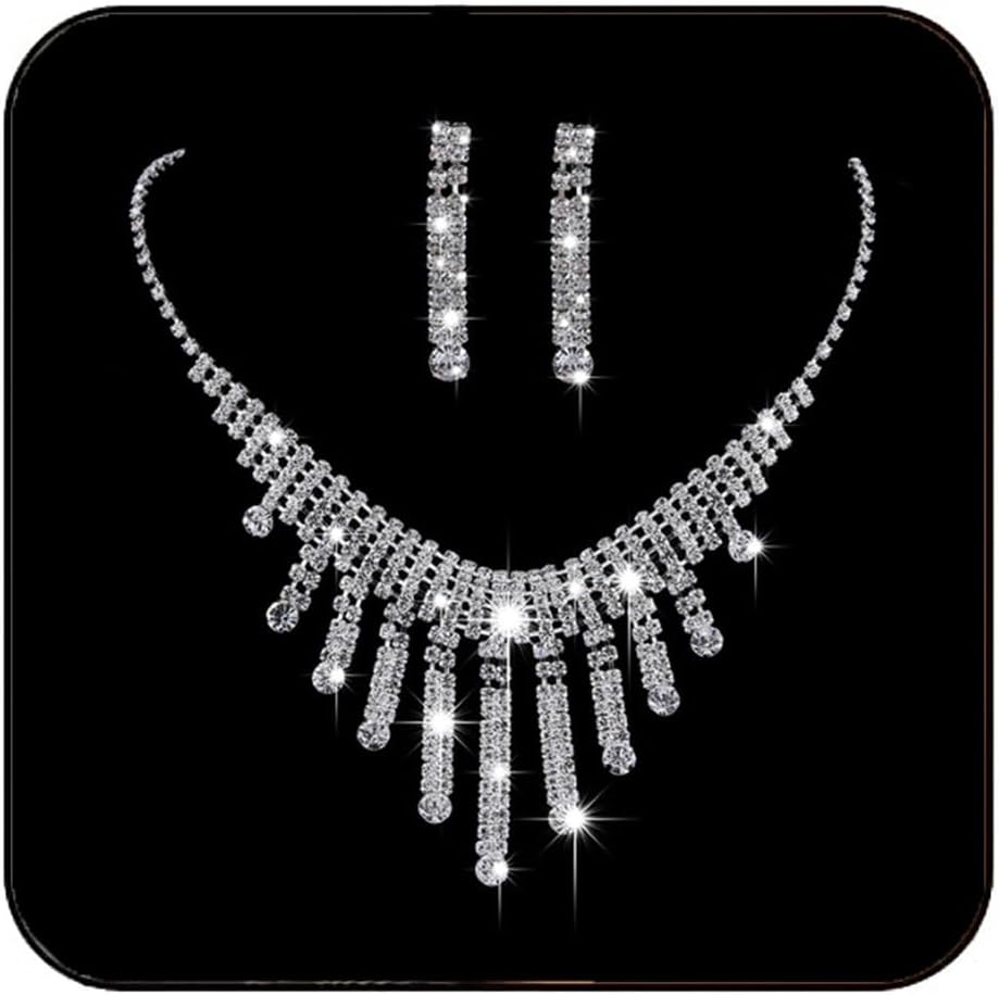 JAKAWIN Bride Silver Bridal Necklace Earrings Set Crystal Wedding Jewelry Set Rhinestone Choker Necklace for Women NK331