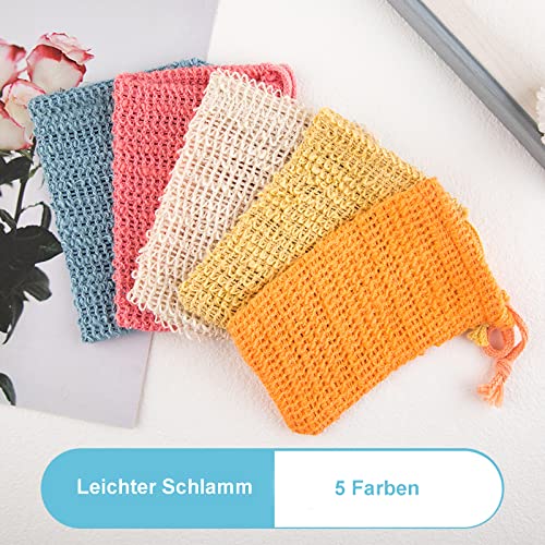 qingmeng Seifensäckchen, 5 Stück Seifenbeutel Natur, Sisal Seifensack Dusche 5 Farben 10x14cm Seifennetz Seifentasche mit Kordelzug Bio Seifensäckchen für Feste Seife und Festes Shampoo
