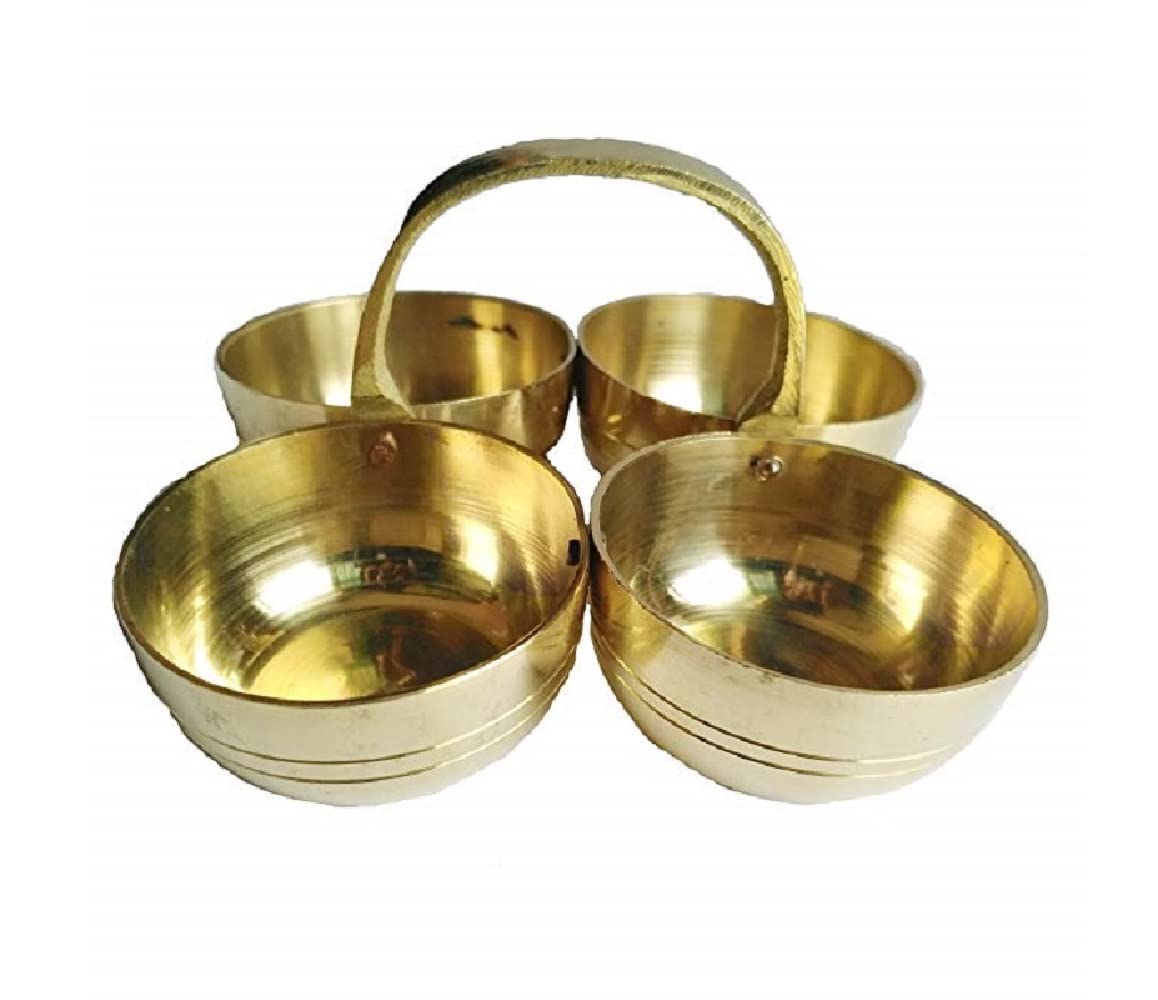 Denique Brass Puja Roli Chawal, Elaichi, Mishri 4 Bowl Stand/Brass Chowmukh Haldi Kumkum Holder Chowmukh 4 Bowl Holder Patra for home Temple (Small)