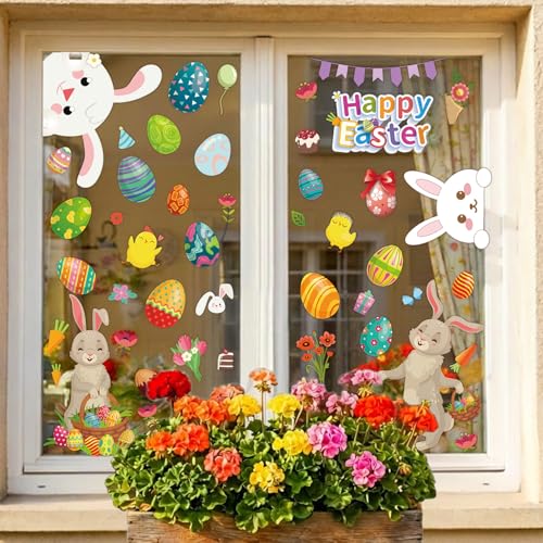 Image of Easter Window Clings Happy Easter Bunny Rabbit Egg Stickers for Glass Windows Kids Decals Spring Decor for Home Office School, 9 Sheets