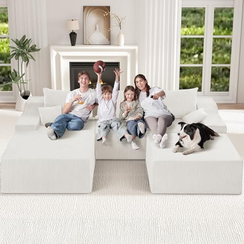 Image of HABUTWAY 94 inch U Shaped Modular Sectional Couch for Living Room, Modular Cloud Sofa with Ottoman, No Assembly Boneless Couches with Deep Seat, Corduroy Fabric (Beige, Left Facing)