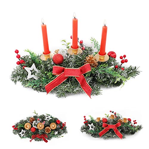 Centro de Navidad artificial, incluye 3 candelabros, adornos con purpurina, soporte de luz de velas navideñas para comidas de Navidad Cover