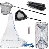 3 Pcs Foldable Fishing Net Accessories :Fishing Cast Net with Heavy Duty Real Zinc Sinker Weights丨 Fishing Landing Net with Telescoping Pole Handle 丨Crab Crayfish Shrimp Crab Trap