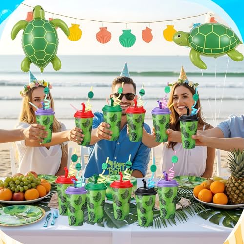 Yungyan 16 Sets Green Turtles Party Favors Goodie Cups with Lids and Straws for Birthday Decorations Reusable 16oz Plastic Candy Cups Plastic Straws for Birthday Party(Green Turtles) by Yungyan - Used condition - Image 6