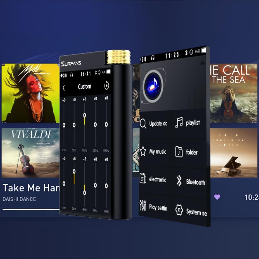 Surfans F28 displaying equalizer settings and main menu