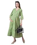 Negen Cotton Calf Length Maternity Dresses for Women with Feeding Zip - Floral Green Breastfeeding Maternity Gown Kurti for Pregnant Women - Nursing Pre and Post Pregnancy Wear Medium