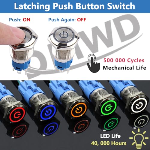 DMWD 5Pcs 16mm Metal Latching Push Button Switch Waterproof Silver Shell 12V-24V 1NO 1NC ON/Off for 5/8" Mounting Hole with Pigtail with Power Symbol 5Colors (Blue,Orange,Green,Red,White) by DMWD - Image 2