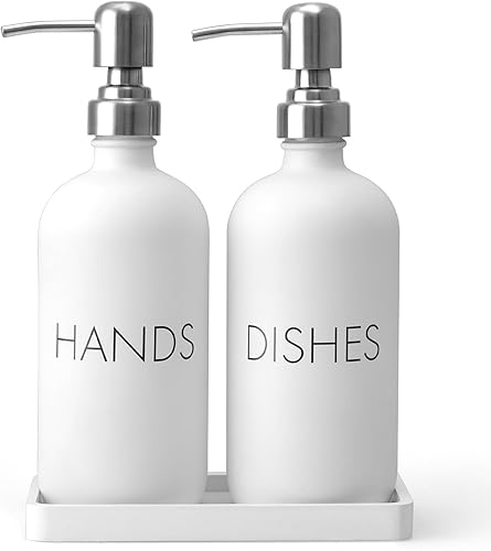 Juego de dispensador de jabón blanco para platos y manos, dispensador de jabón de cocina de vidrio con bandeja y bomba de acero inoxidable, para