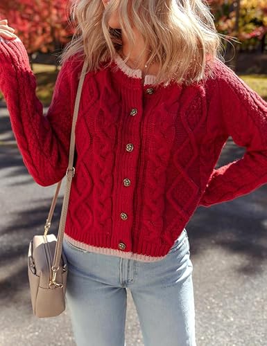 Image of Watashi Long Sleeve Sweater for Women Casual Button Up Colorblock Cable Knit Round Neck Fall Winter Cardigans Coats (US, Alpha, X-Small, Regular, Regular, Red)