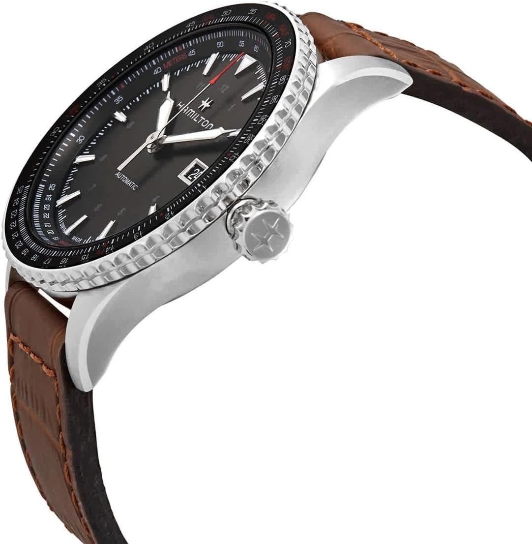 Hamilton Khaki Aviation Automatic Men's Watch, 42mm Stainless Steel Case, Swiss Made, Black Dial Analog Wrist Watch for Men, 100m Waterproof, Sapphire Crystal, 3-Hand Movement, Cow Leather Strap