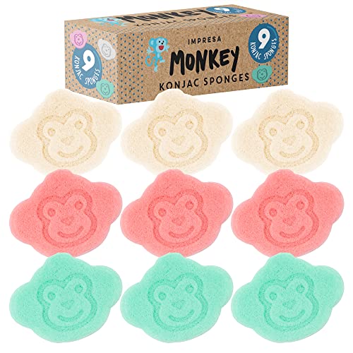 Image of IMPRESA [9 Pack] Konjac Baby Bath Sponge Set for Sensitive Skin - for Safe and Natural Infant Bath Time - Baby Sponge for Bathing with String for Hanging & Extra Grip - Newborn Bath Sponge Set