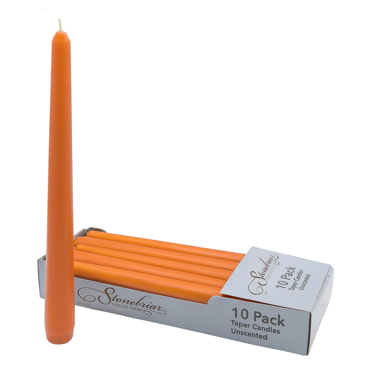 Stonebriar Unscented Taper Candles — 7 Hour Burn Time, Candle Stick Candles for Weddings, Holidays, Home Décor &amp; Special Events, Pack of 10, Orange, 10"